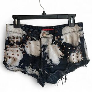 Studded Blue and White Cutoff Distressed Denim Shorts